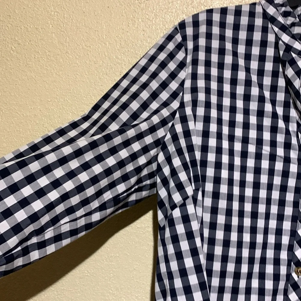 Anne Klein Navy and White Top Gingham Plaid Front Buttons 3/4 Sleeve Cotton - Picture 5 of 16